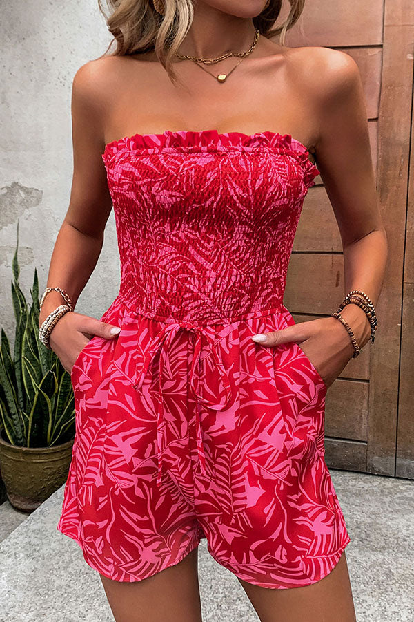 Plant Print Tube Top Lace-up Pleated Rompers