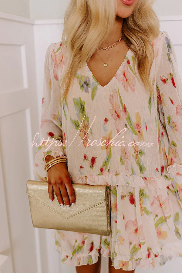 Striking Pleated Print V Neck Ruffle Paneled Long Sleeve Mini Dress