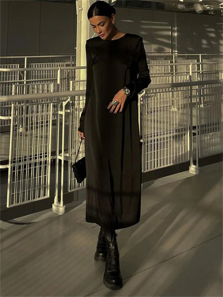 Backless Lace-up Slim Maxi Dress Female Black Autumn Bandage Long Sleeve Patchwork Long Dress