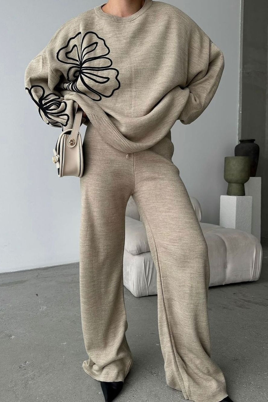 Round Neck Knit Sweater With Pants Two Piece Set