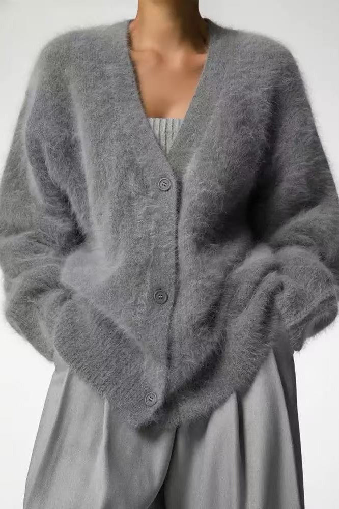 V-neck Fluffy Knit Cardigan Sweater