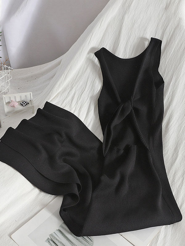 Bodycon Sleeveless Bowknot Hollow Color Midi Dresses