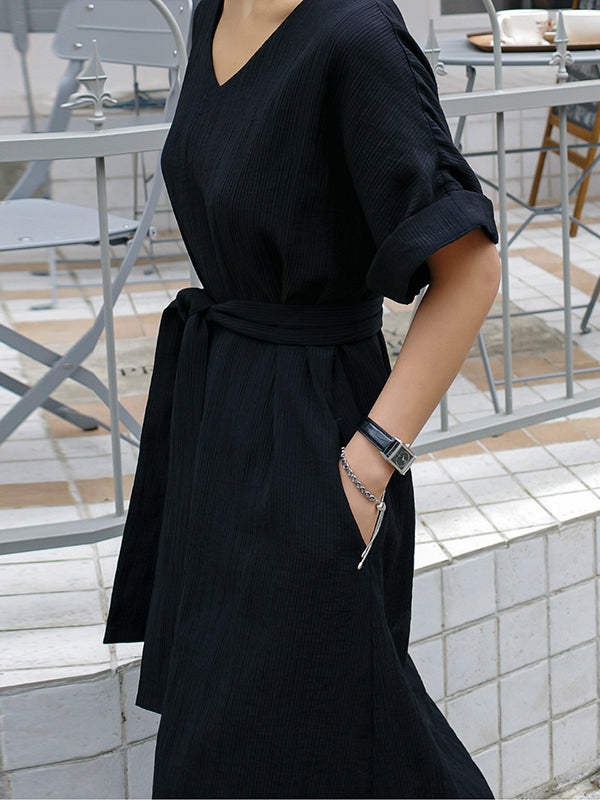 A-line Loose Hollow Color Split-side Tied Waist V-neck Midi Dresses