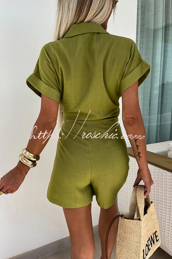 Relaxing Beach Linen Blend Color Wrap Loose Shirt Romper