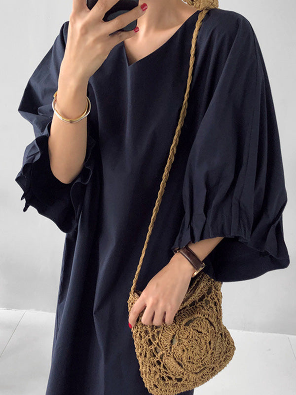 Causal Pleated Raglan Sleeve V-neck Midi Dress