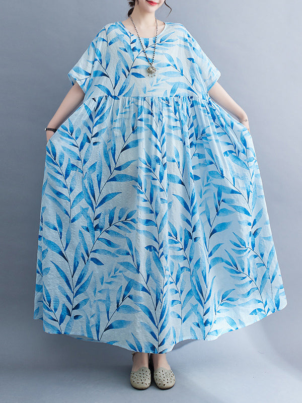 Loose Short Sleeves Leaf Pleated Printed Split-joint Round-neck Midi Dresses