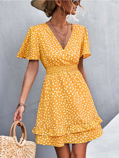 V Neck Mini Dress for Slim Short Dresses Female Lotus Leaf Sleeve Dress