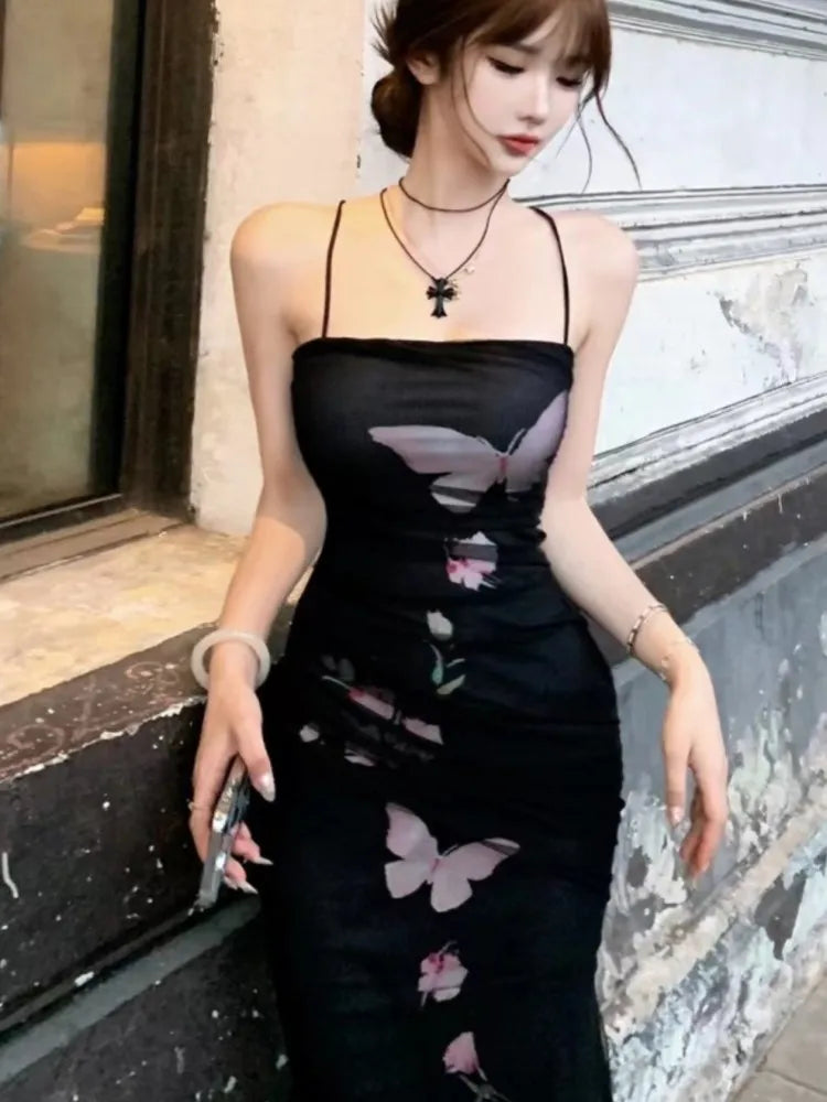 Bodycon Printed Mesh Long Dresses for Backless Summer New Korean Evening Party Female Vestidos