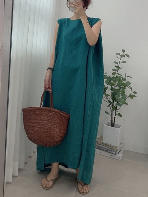 Simple Color Split-side Round-neck Sleeveless Midi Dress