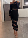 Bodycon Long Sleeves Hollow Color Split-joint Off-the-shoulder Midi Dresses