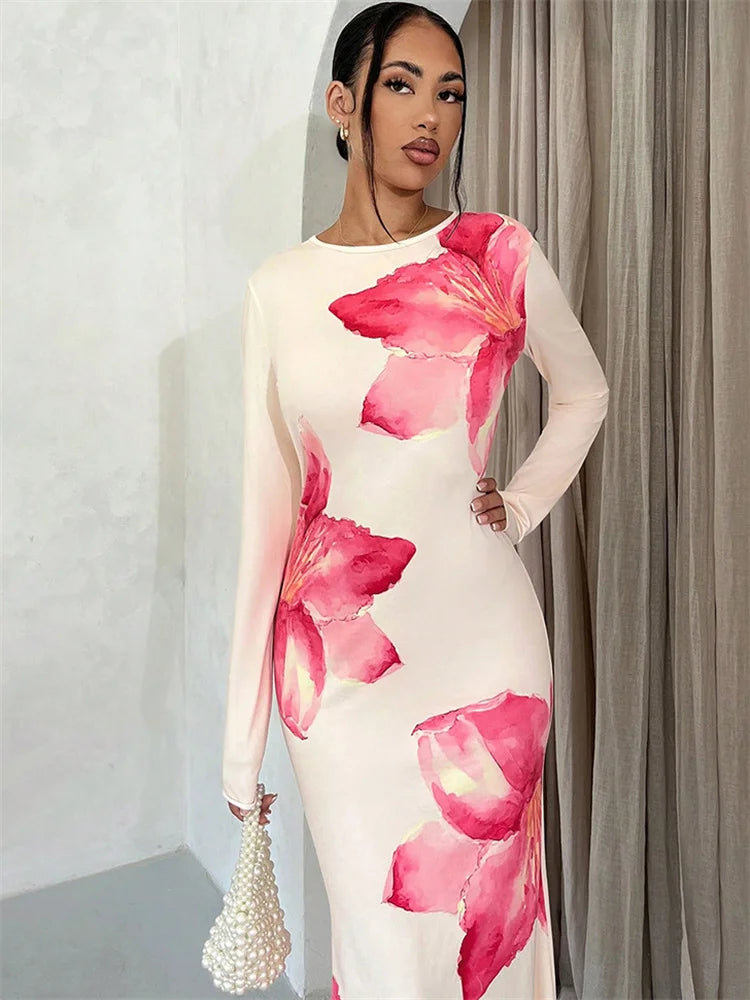 Autumn Printed Slim Maxi Dress ’s Contrast Long Sleeve High Waist See-through Dress Female Long Dress New