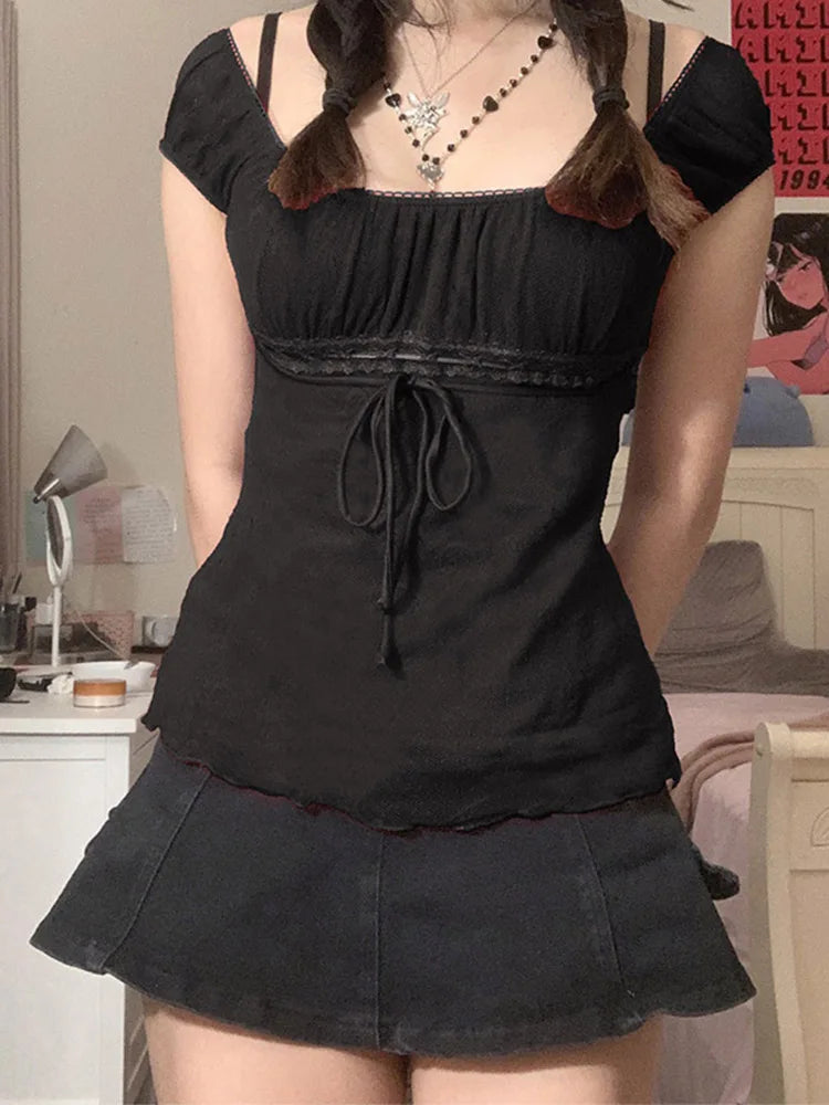 2000s Aesthetic Sweet Lace Tops Off Shoulder Drawstring T-shirt Korean Female Tee Fairy Grunge