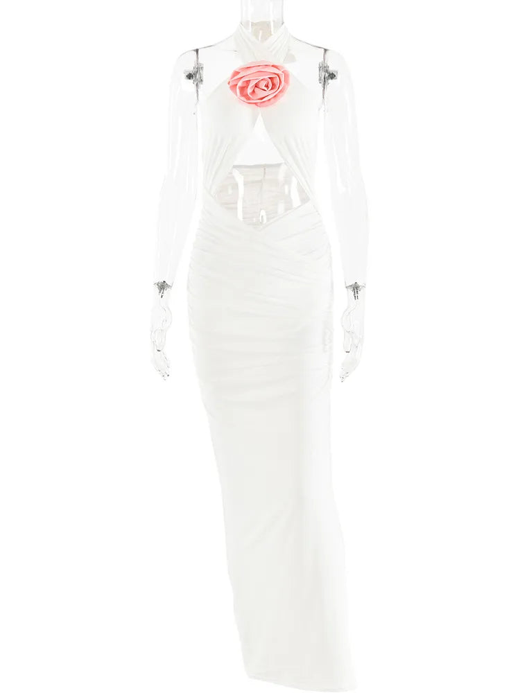 3d Flower Hollow Out Backless ’s Dress Zipper Female Sleeveless Bodycon Maxi Dress Party Club Evening Dress