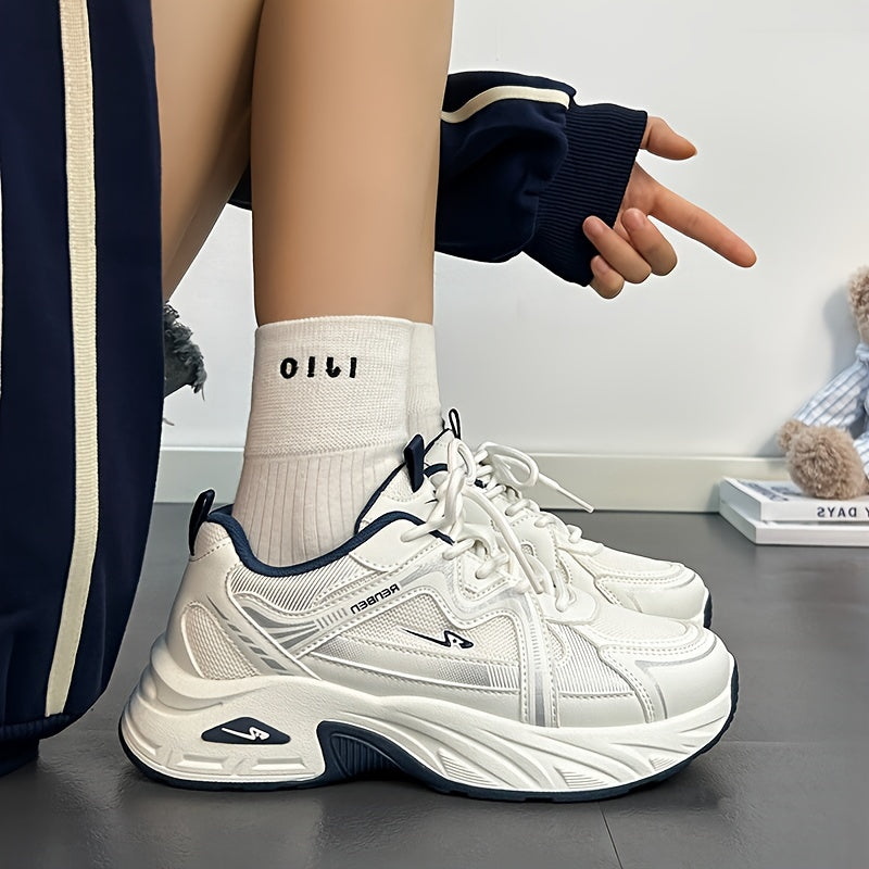 Sneakers Striped, Allseason Shoes With Thick Platform Sole, Breathable Mesh & Pvc Sole for Autumn & Spring Suitable for Stylish & Comfortable Everyday Wear Perfect Gift