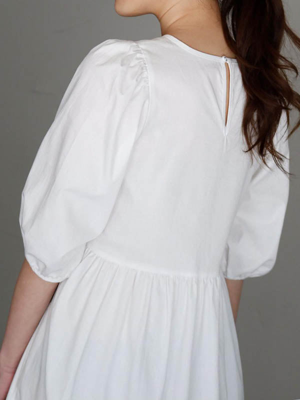 Half Sleeves Puff Sleeves Breathable See-through Color Round-neck Midi Dresses