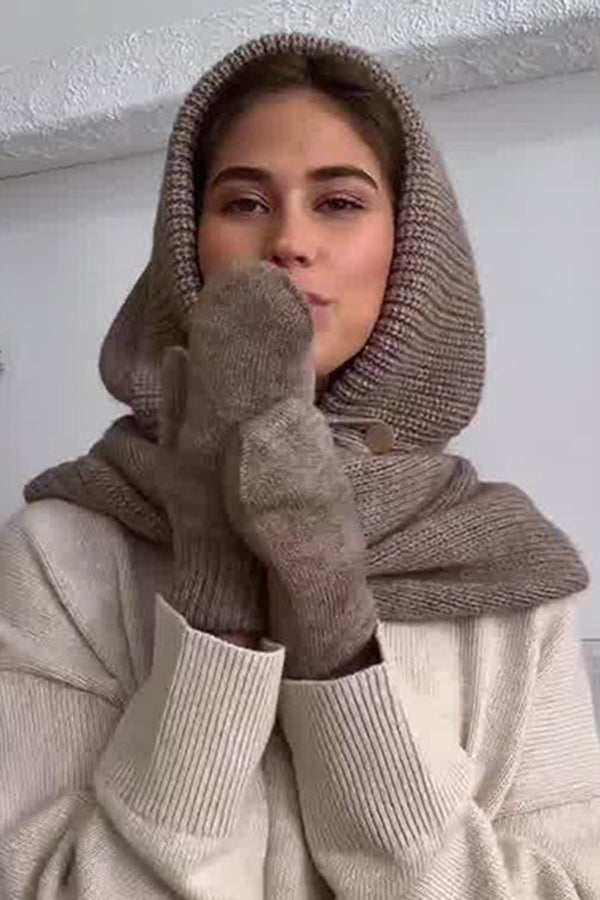 Color Knitted Hooded Scarf and Thick Warm Gloves Two-piece Set