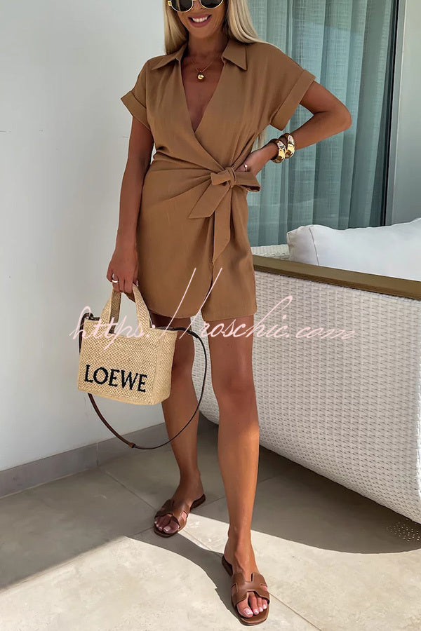 Relaxing Beach Linen Blend Color Wrap Loose Shirt Romper