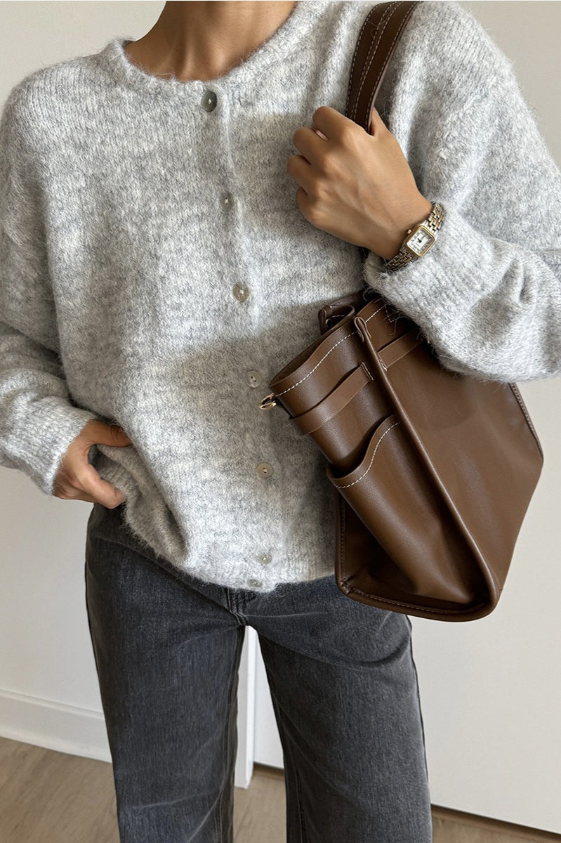 Soft Gray Shell-button Knit Cardigan