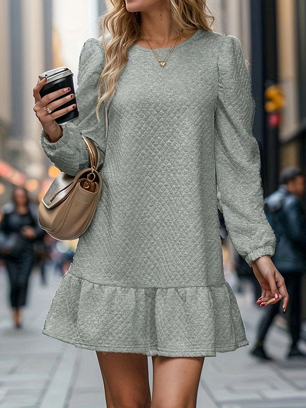 A-line Long Sleeves Jacquard Pleated Color Split-joint Round-neck Mini Dresses