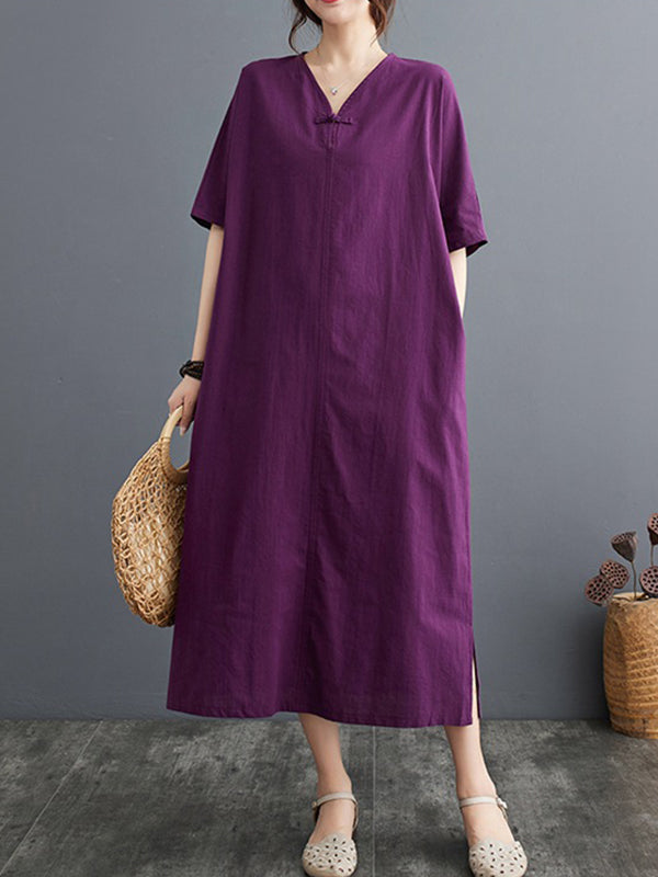 A-line Loose Chinese Frog Buttons Pockets Color Split-side V-neck Midi Dresses