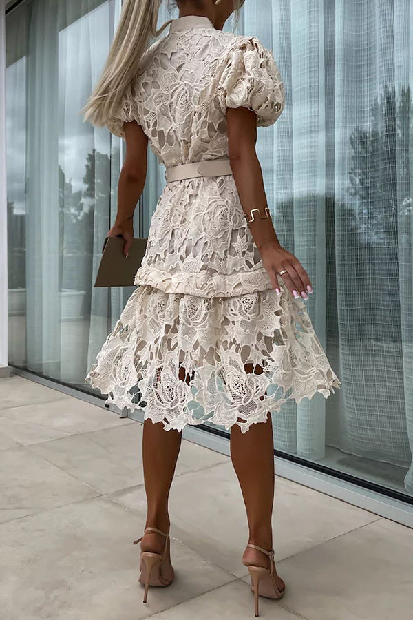 Absolutely Crochet Lace Puff Sleeve Belted Shirt Midi Dress