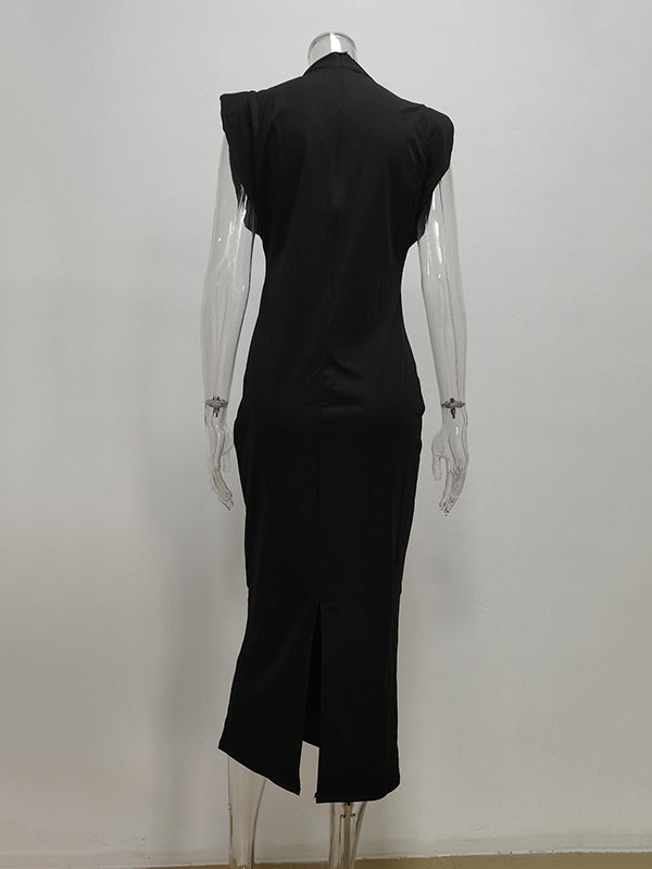 Skinny Color Zipper Mock Neck Midi Dresses