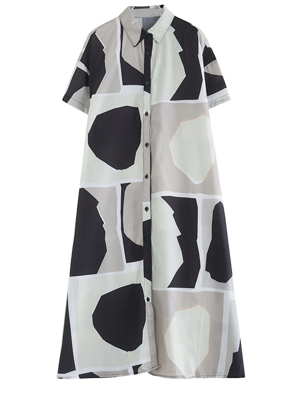 Loose Oversize Color-block Printed Lapel Midi Dresses Shirt Dress