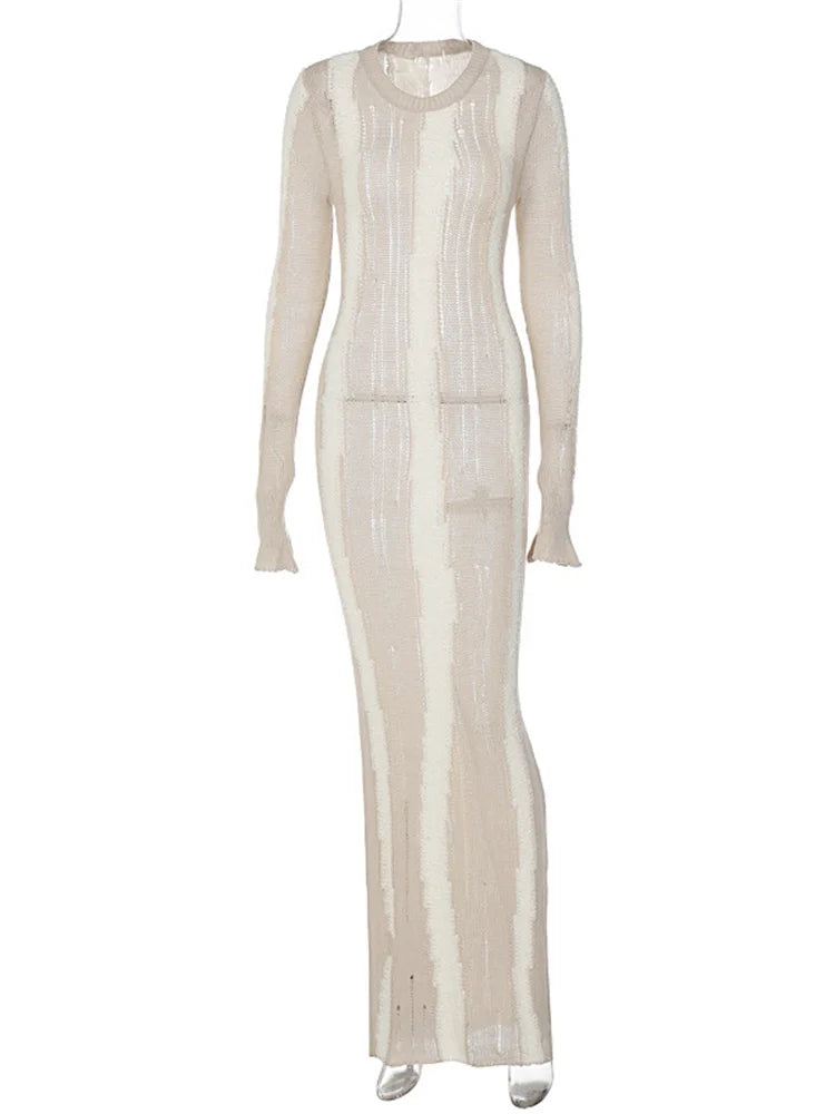 Knitwear Hollow Out Maxi Dress for See-through High Waist Loose Knit Autumn Dress Party Dress