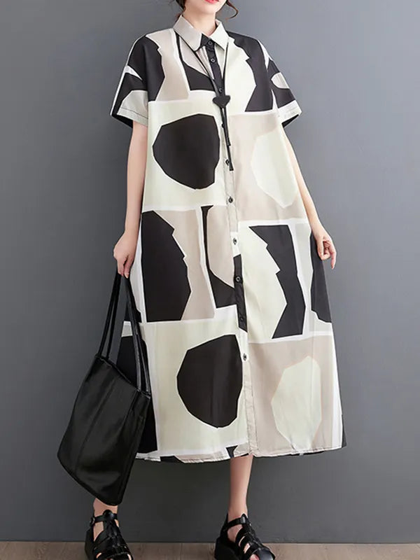 Loose Oversize Color-block Printed Lapel Midi Dresses Shirt Dress