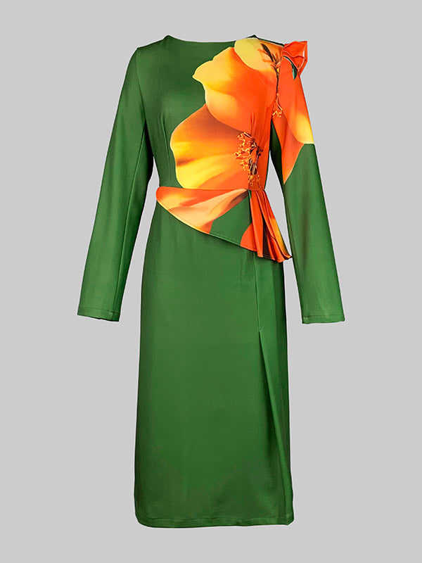 Bodycon Long Sleeves Flower Print Pleated Split-joint Split-side Round-neck Midi Dresses
