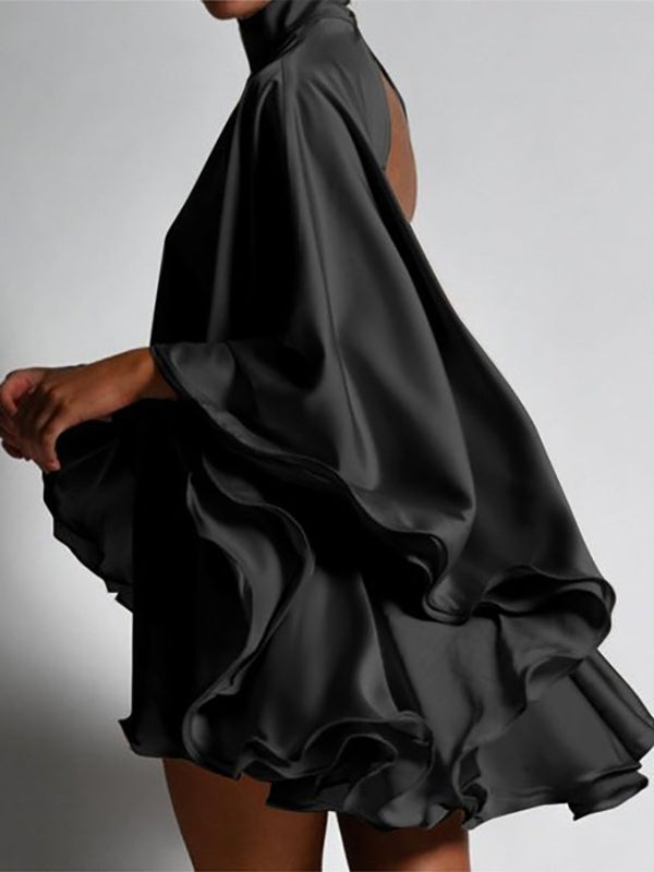 Color High-neck Backless Flared Sleeves Mini Dress