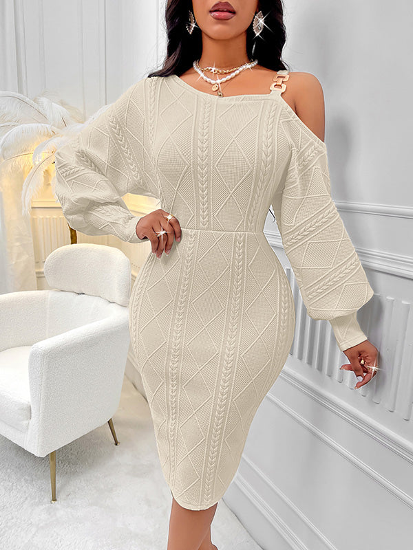 Bodycon Long Sleeves Color Split-joint Cold Shoulder Midi Dresses