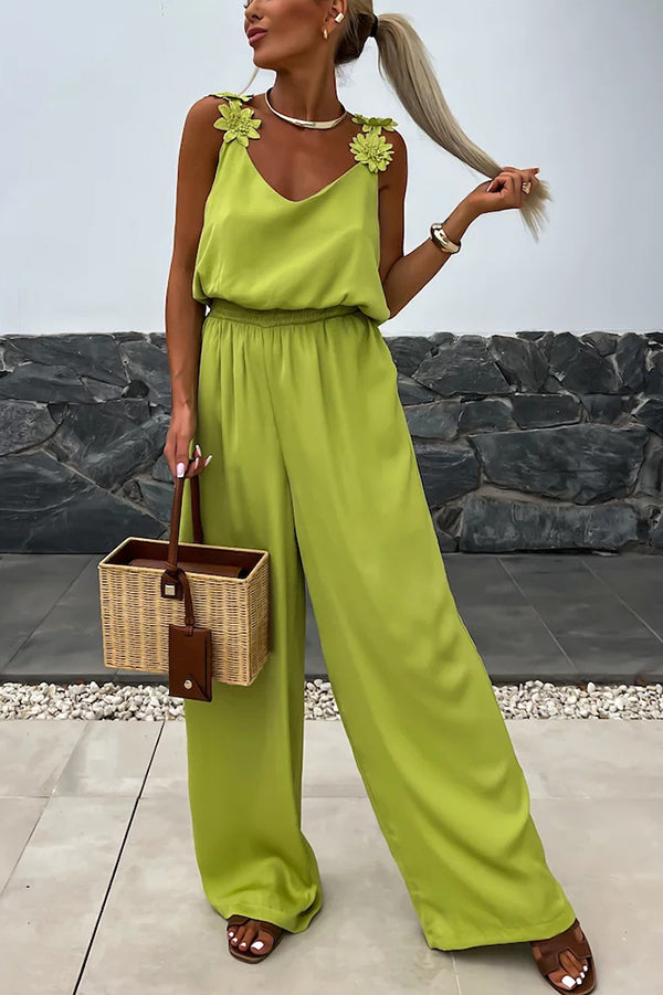 Color Embroidered Flower Suspenders Loose Jumpsuit