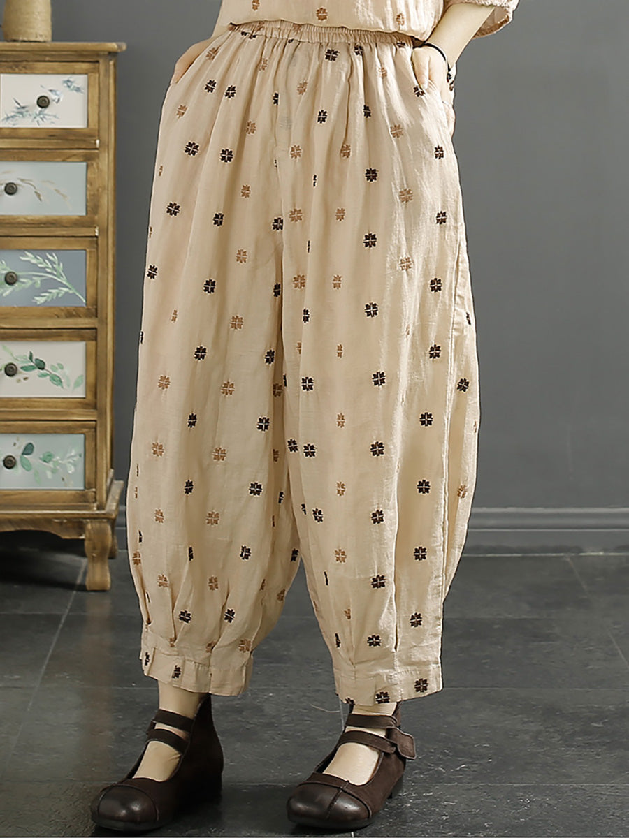Spring Artsy Flower Embroidery Ramie Harem Pants Kl1009
