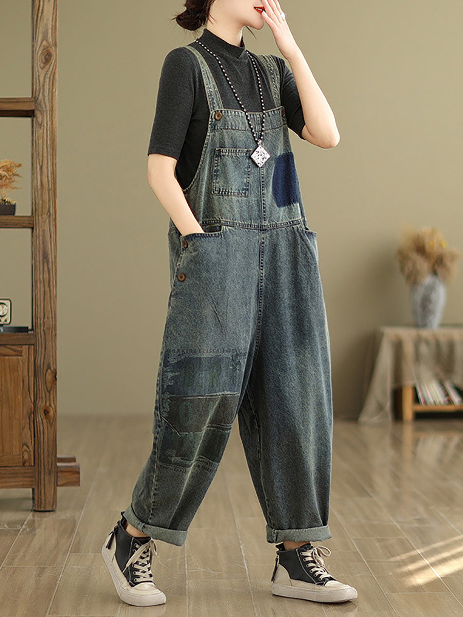 Retro Patchwork Loose Washed Denim Jumpsuits Ah1080