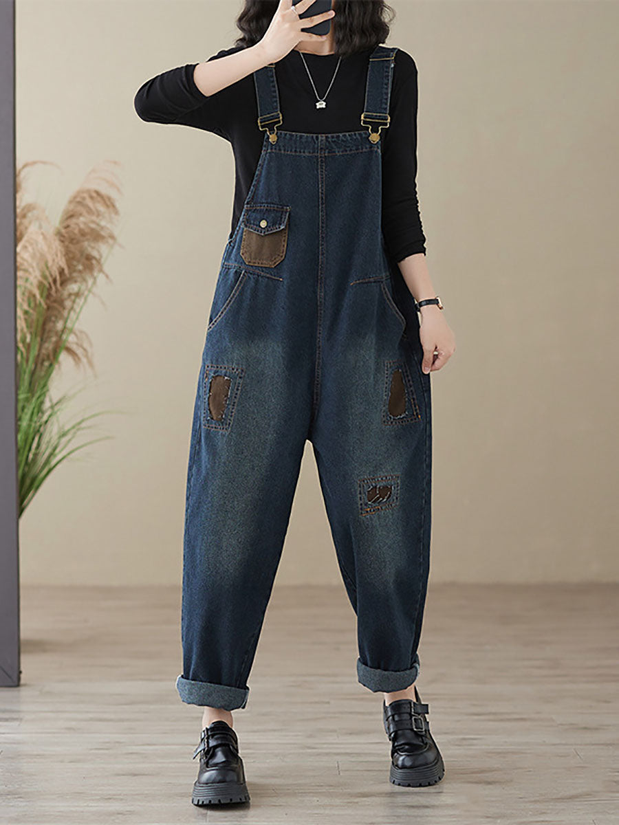 Autumn Retro Patchwork Denim Pocket Jumpsuits Ai1048