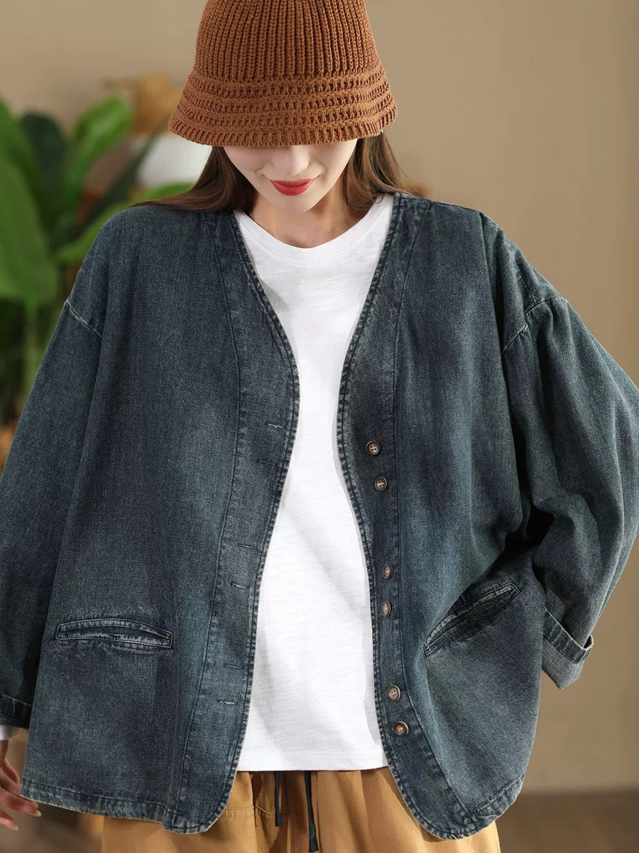 Autumn Pure Color V-neck Denim Coat At1039
