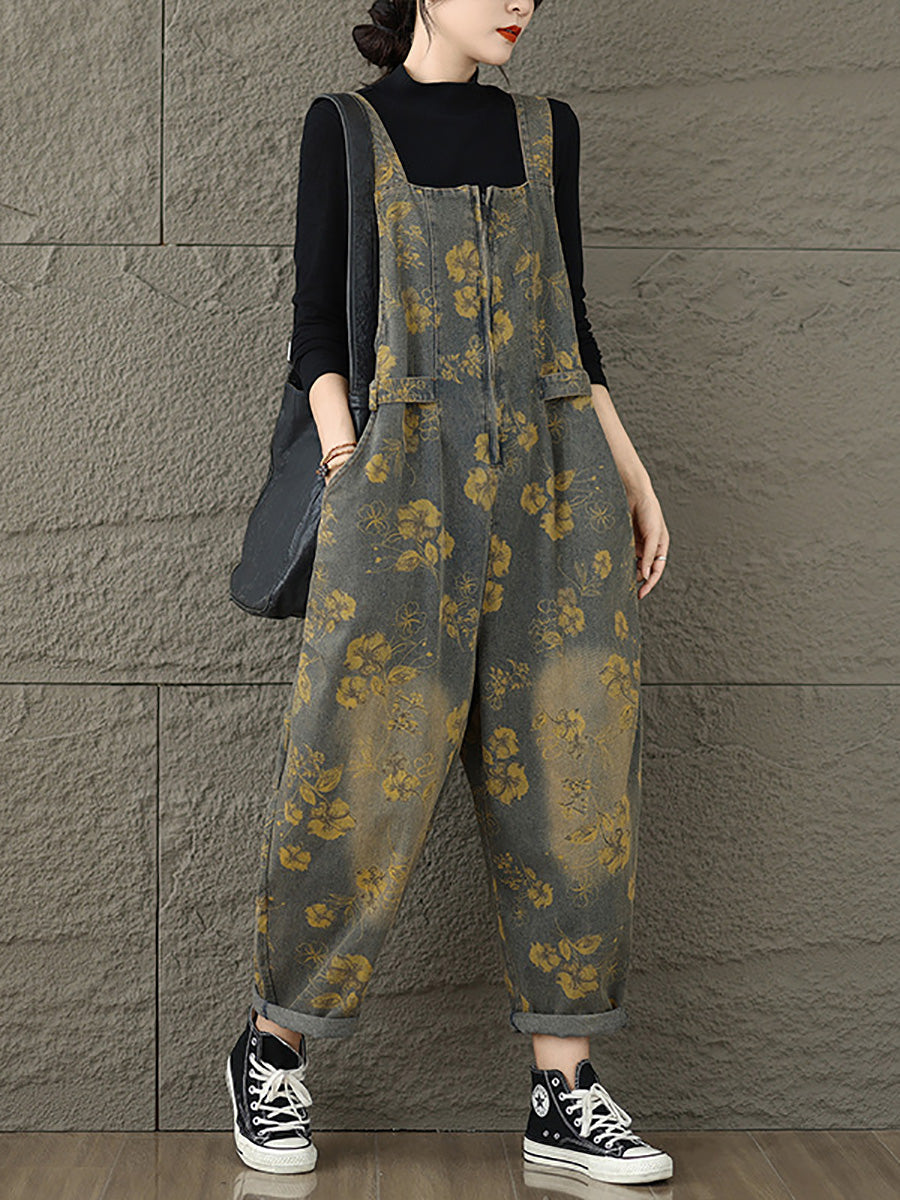 Autumn Retro Flower Zipper Denim Jumpsuits Ax1002