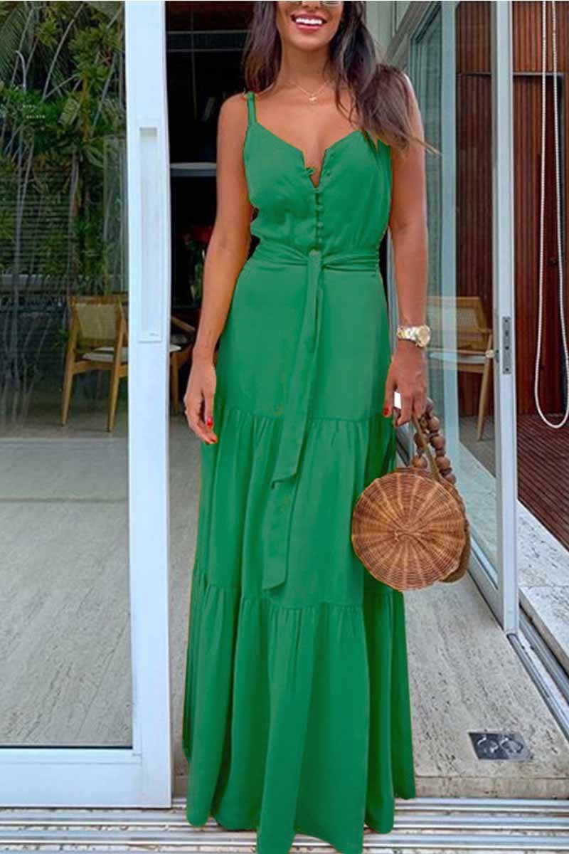 Button V-neck Maxi Dress With Belt(3 Colors)