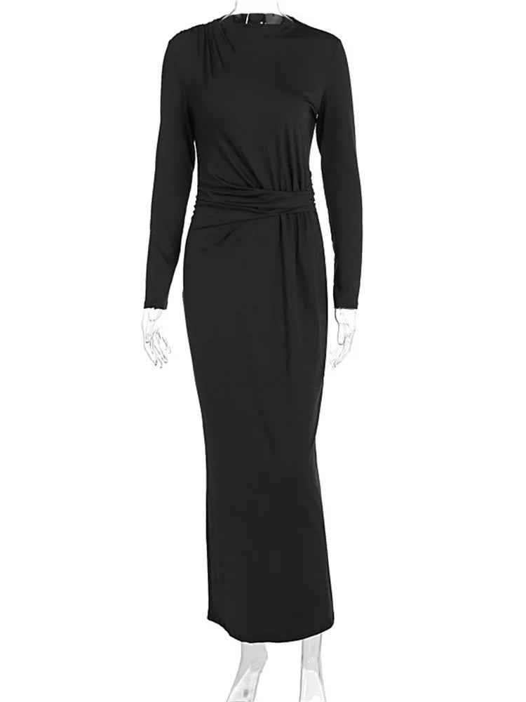 Autumn Pleated Long Dress Female High Waist Slim Bandage Commute Clothes Y2k Maxi Dress