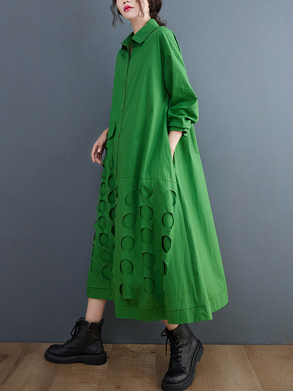 A-line Long Sleeves Asymmetric Hollow Polka-dot Color Lapel Midi Dresses