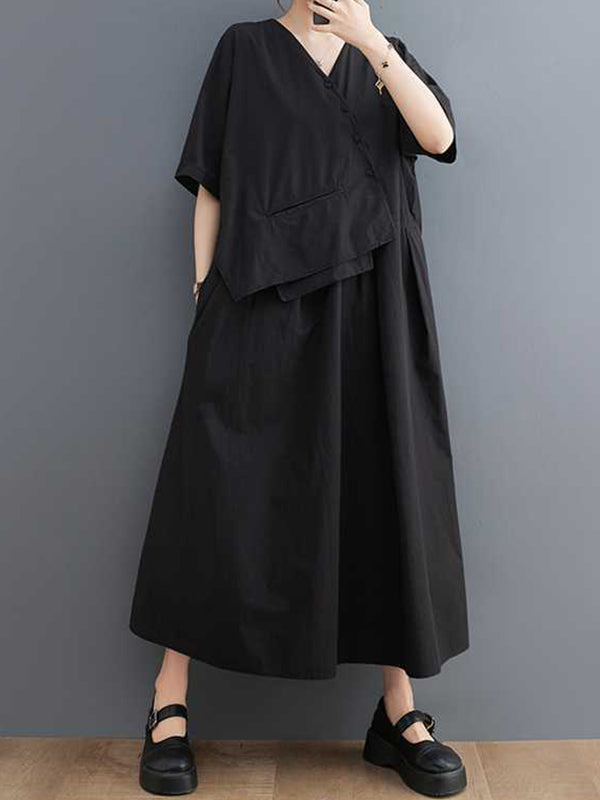 Loose Short Sleeves Pleated Color Split-joint V-neck Midi Dresses