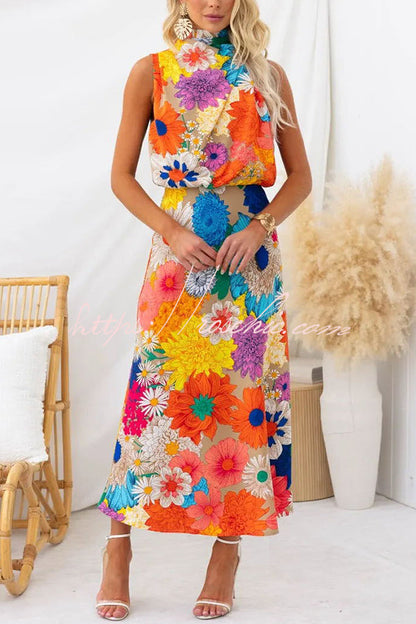 Land of Beauty Print Halter Neck Elastic Waist Party Maxi Dress