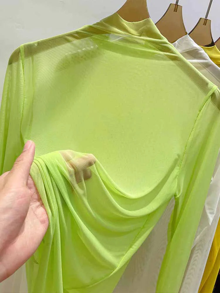 Transparent Gauze Bottoming T-shirt Clothing Summer Long Sleeved T-shirt With Gauze Shirt Half High Collar Sunscreen