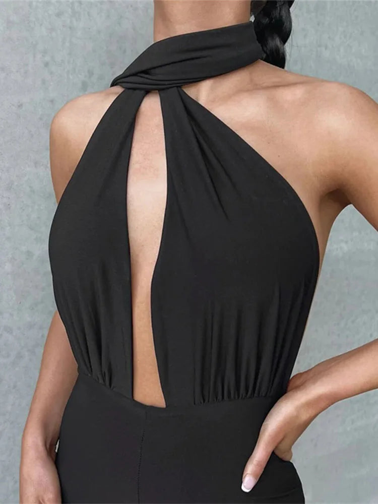 Lace Up Backless Jump Suits for Slim Bodycon One Piece Jusmpuit Femme Side Split Hollow Out Jumpsuits
