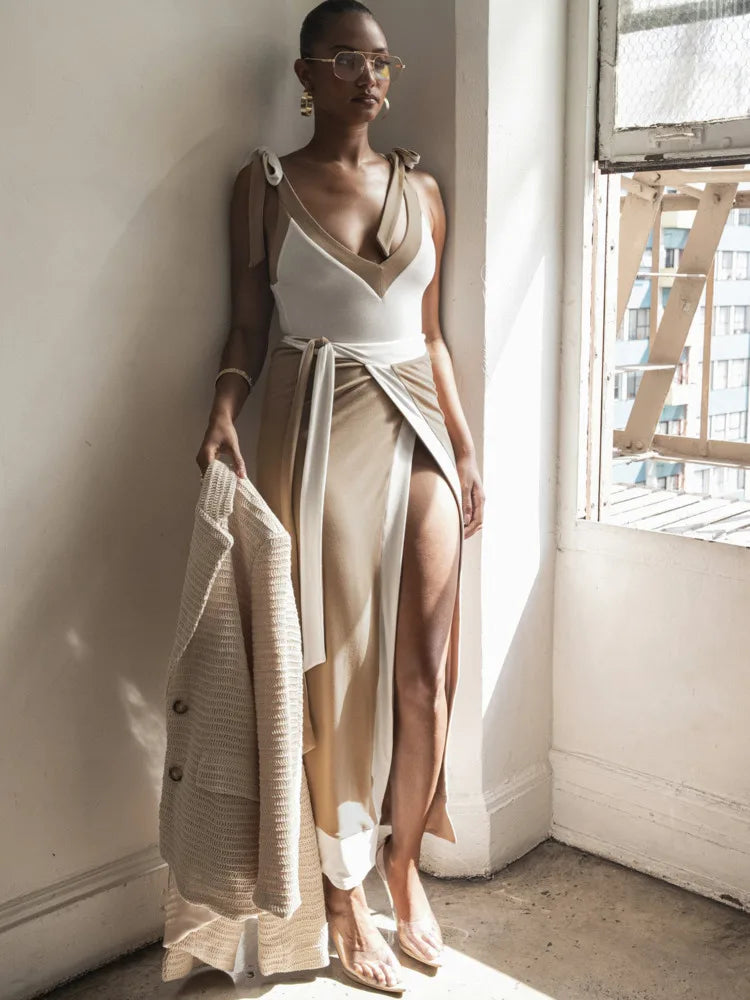Sleeveless Deep V Tight Bobysuit Top Skirt Two-piece Set Patchwork Party Autumn Winter New Set