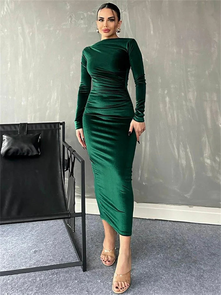 Pleated Slim Maxi Dress for High Waist Long Sleeve Patchwork Party Dress Long Dress New