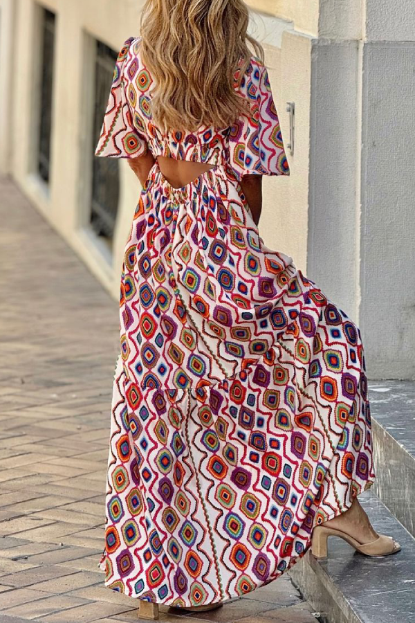 V Neck Short Sleeve Plaid Print Midi Dress