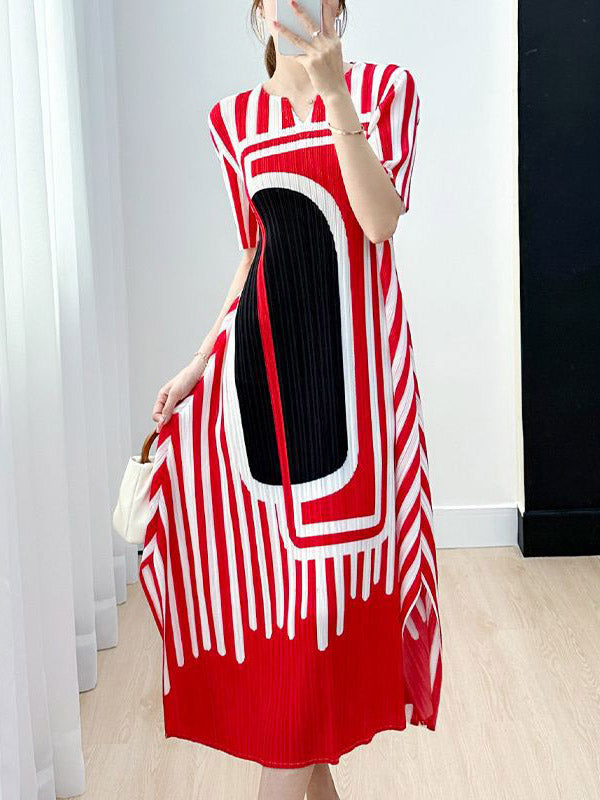 A-line Loose Pleated Printed V-neck Midi Dresses