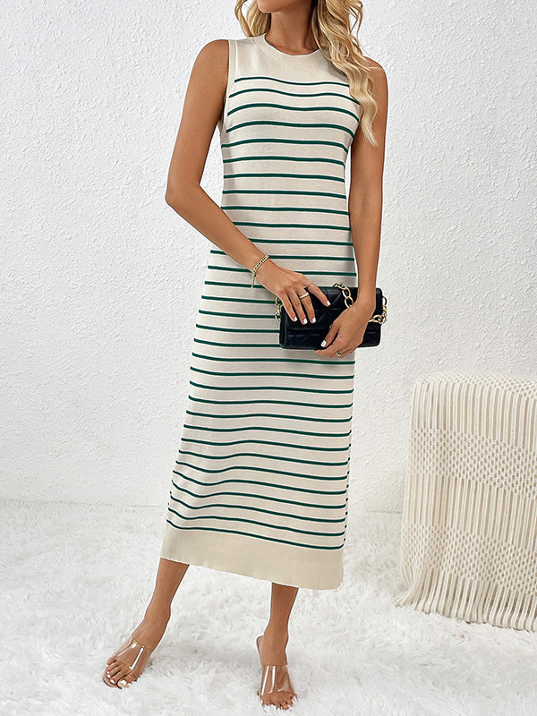 Loose Sleeveless Striped Round-neck Knit Dresses Midi Dresses
